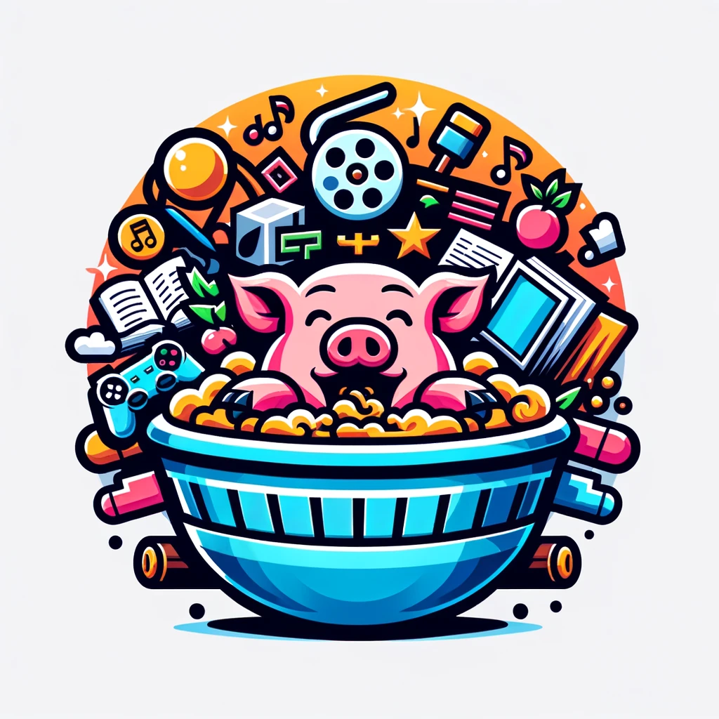 An image of a pig in a bowl of mush surrounded by various pop culture symbols like game controllers, books, film reels.